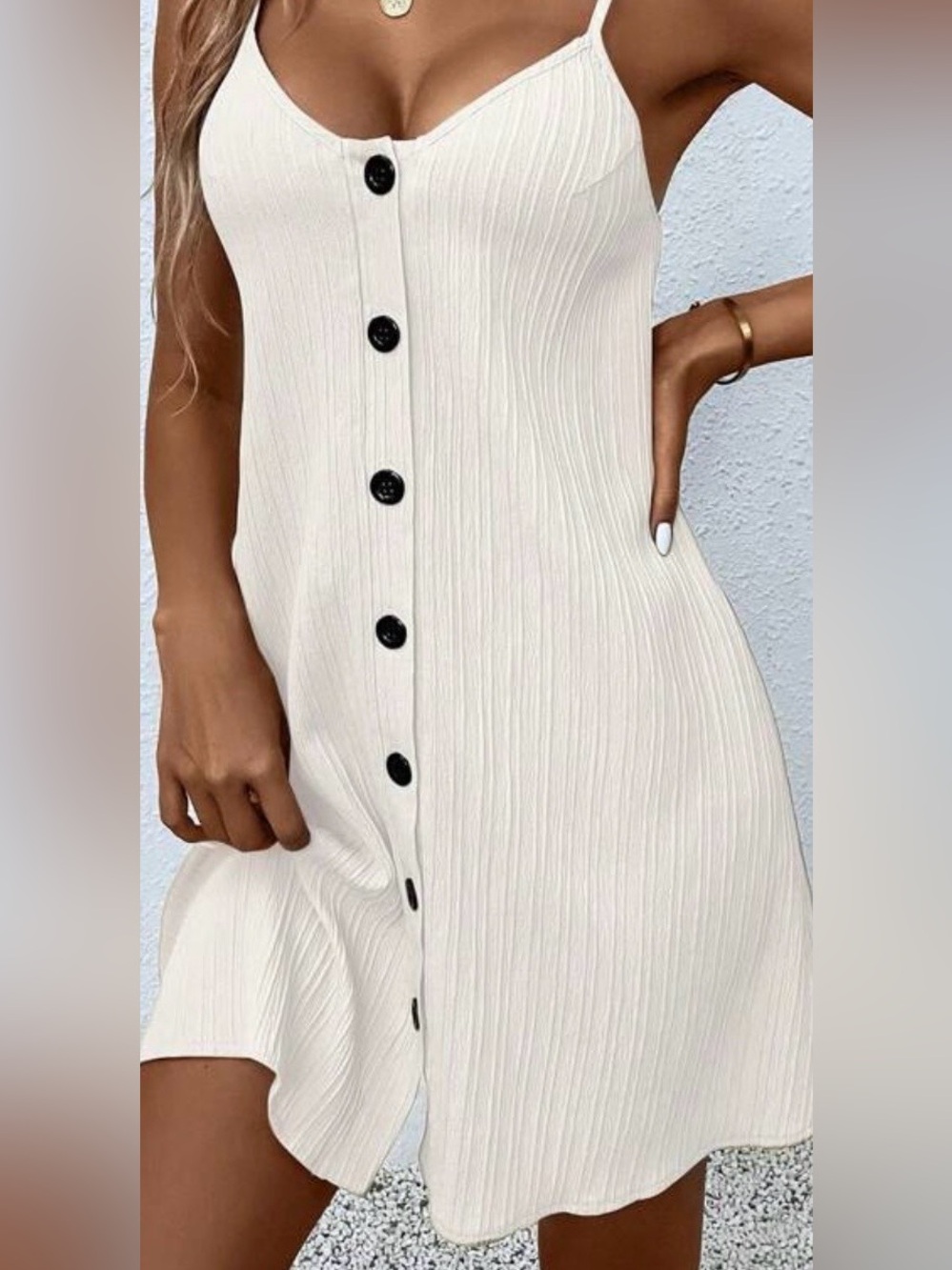 Cream Button-Front Ribbed Midi Dress